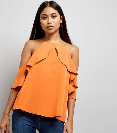 Petite Orange High Neck Frill Trim Cold Shoulder Top | New Look