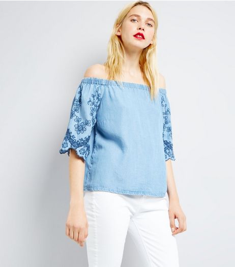 Blue Embroidered Sleeve Bardot Neck Top | New Look