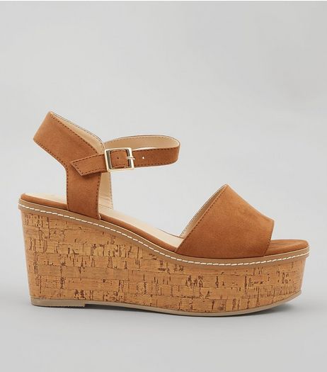 Tan Suedette Cork Wedge Platform Heels | New Look