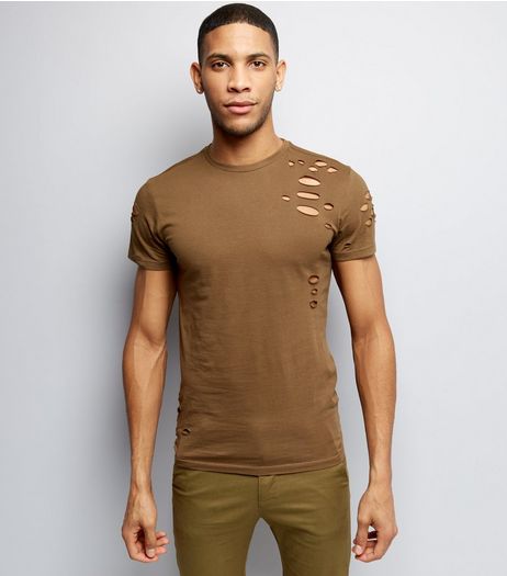 Khaki Ripped Short Sleeve T-Shirt | New Look