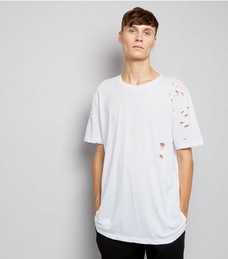 White Ripped Short Sleeve Longline T-Shirt | New Look