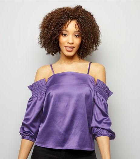 Purple Satin Shirred Shoulder Bardot Neck Top | New Look