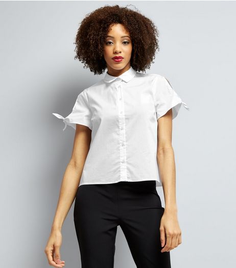 White Cold Shoulder Tie Sleeve Shirt | New Look