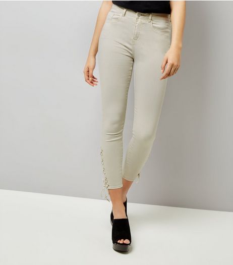 Cream Lace Up Side Skinny Jenna Jeans | New Look