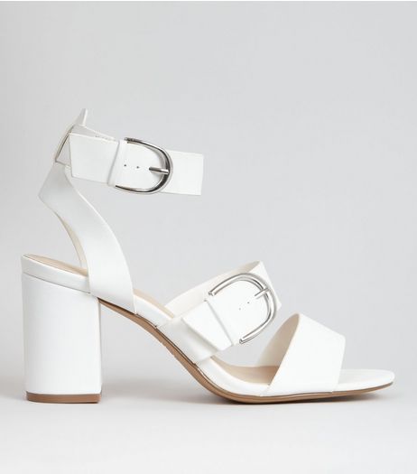 White Buckle Strap Chunky Heeled Sandals | New Look