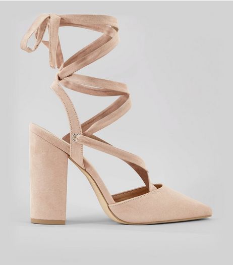 Nude Pink Suedette Tie Up Pointed Heels | New Look