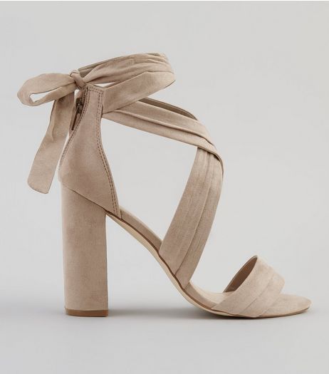 Nude Suedette Ankle Tie Block Heels | New Look