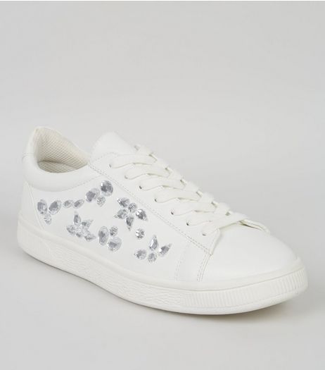 White Jewel Side Trainers | New Look