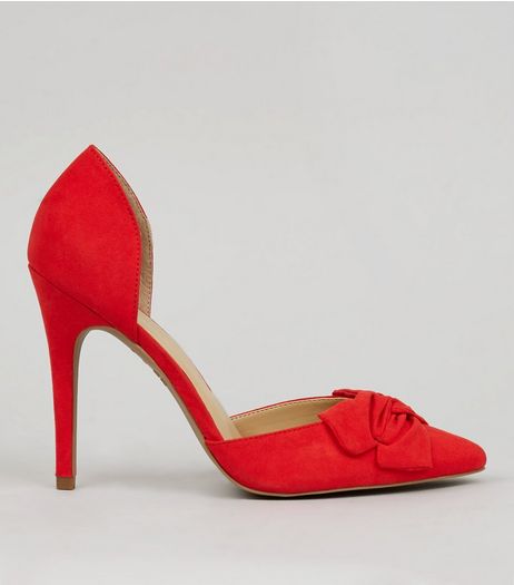 Red Suedette Bow Front Pointed Court Shoes | New Look