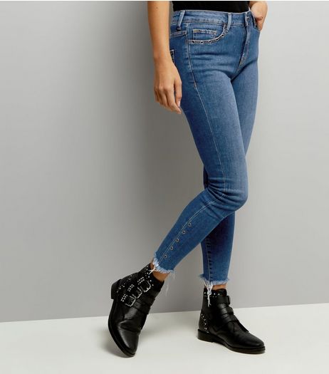 Blue Eyelet Trim Fray Hem Skinny Jeans | New Look