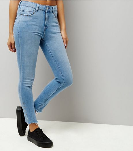 Blue Eyelet Trim Fray Hem Skinny Jeans | New Look
