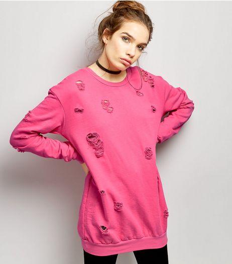 Cameo Rose Bright Pink Ripped Sweater | New Look