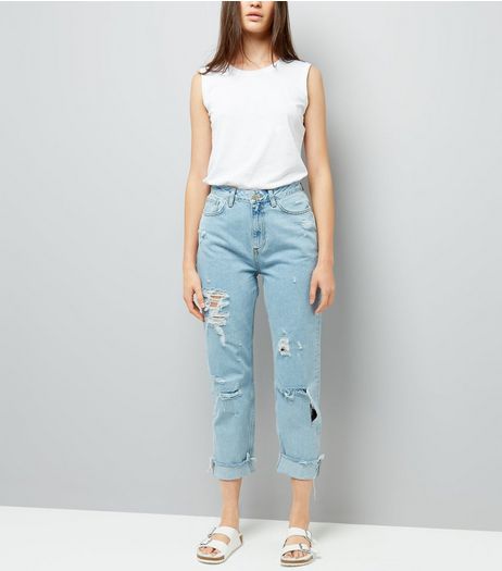 Blue Ripped Roll Hem Mom Jeans | New Look
