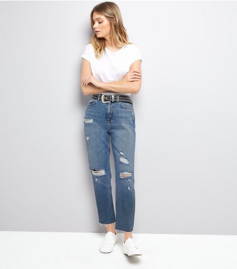 Blue Ripped Fray Hem Tori Mom Jeans | New Look
