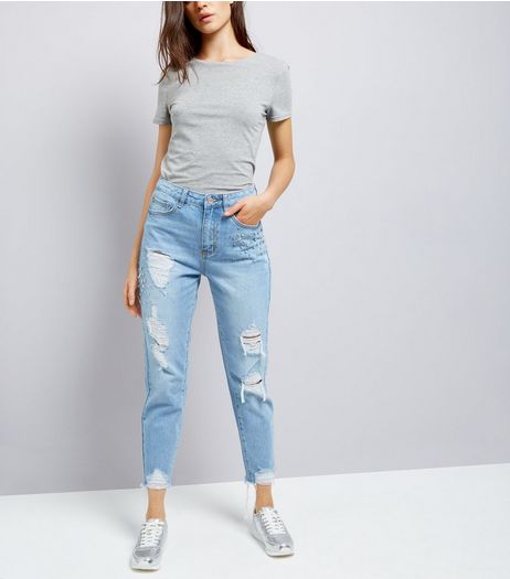 Blue Studded Mom Jeans | New Look