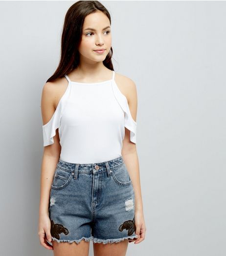 Teens Blue Ripped Lace Trim Denim Shorts | New Look