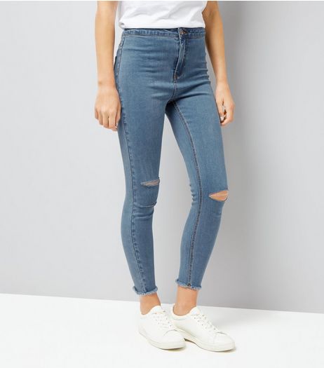Blue Ripped Knee Fray Hem Skinny Jeans | New Look