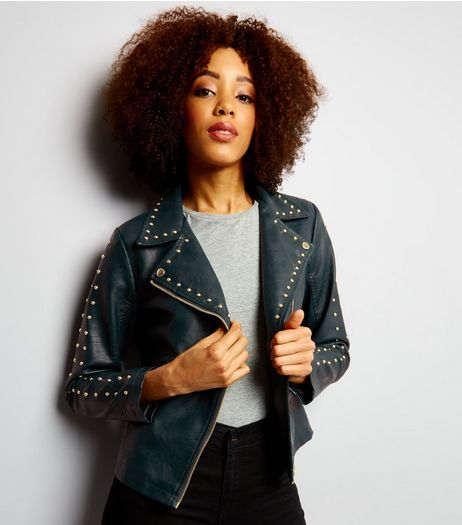 Anita and Green Dark Green Studded Leather-Look Jacket | New Look