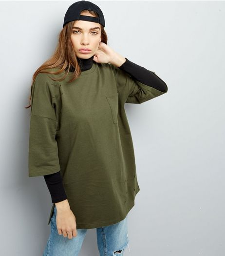 Anita And Green Khaki Ripped Pocket Front Oversized T-Shirt | New Look