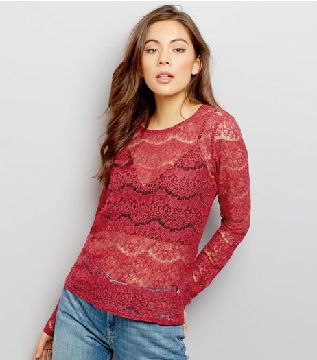 Red Cut Out Lace Long Sleeve Top | New Look