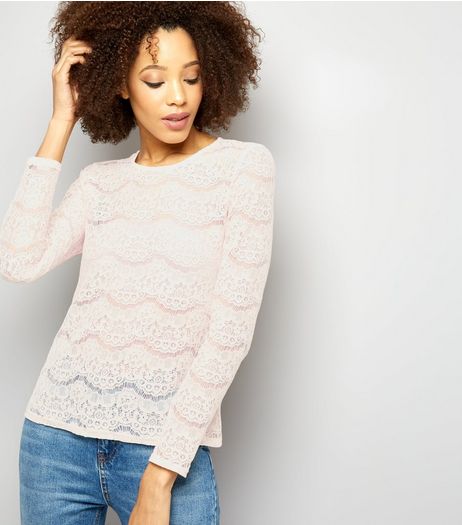 Shell Pink Cut Out Lace Long Sleeve Top | New Look