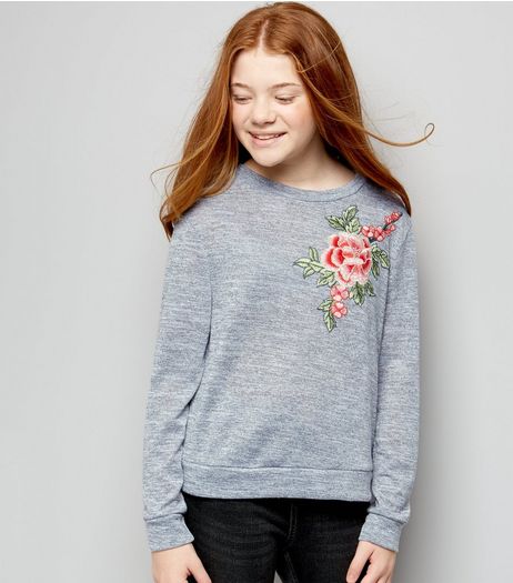 Teens Grey Fine Knit Floral Applique Jumper | New Look