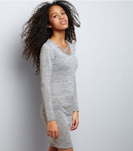 Teens Grey Fine Knit Cross Front Bodycon Dress | New Look