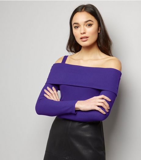 Blue Fold Over Bardot Neck Top | New Look