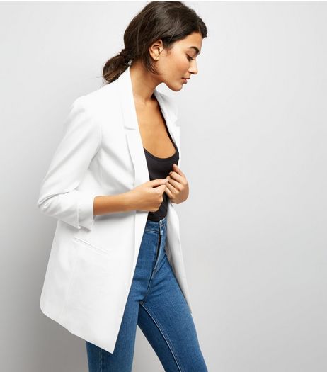 White Ruched Sleeve Blazer | New Look