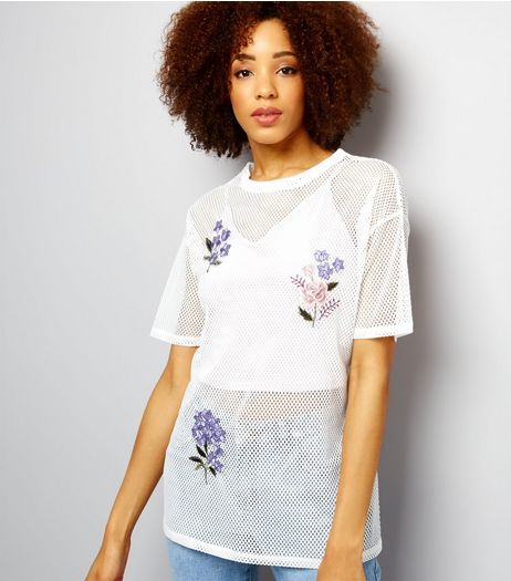 White Floral Badge Mesh Short Sleeve T-Shirt | New Look