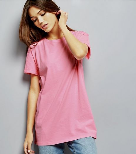 Bright Pink Roll Sleeve Boyfriend T-Shirt | New Look