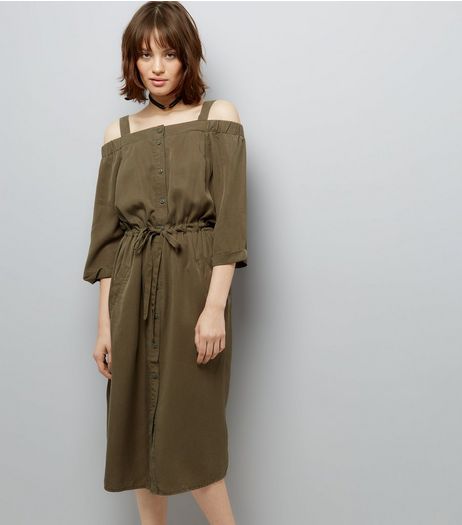 Khaki Tie Waist Cold Shoulder Midi Dress | New Look
