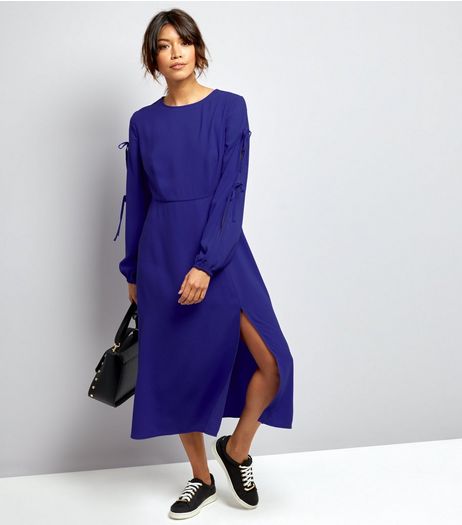 Blue Tie Sleeve Split Side Midi Dress | New Look