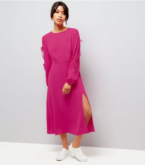 Bright Pink Tie Sleeve Split Side Midi Dress | New Look