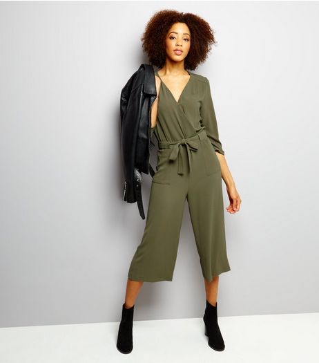 Khaki Wrap Front Cropped Jumpsuit | New Look