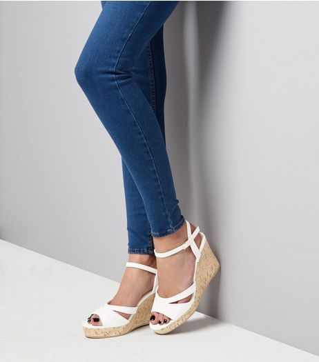 Wide Fit White Cork Wedged Heels | New Look