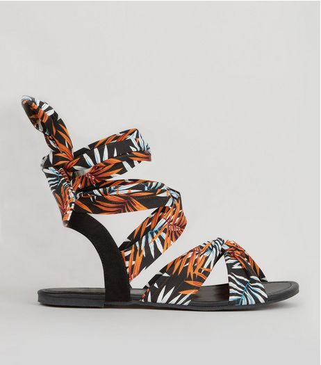 Wide Fit Black Leaf Print Ankle Tie Sandals | New Look