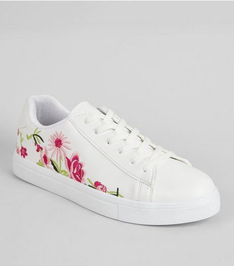 White Floral Embroiderd Trainers | New Look