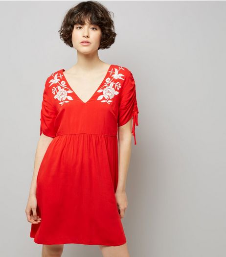 Red Floral Embroidered Smock Dress | New Look