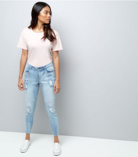 Petite Blue Gem Detail Ripped Skinny Jeans | New Look
