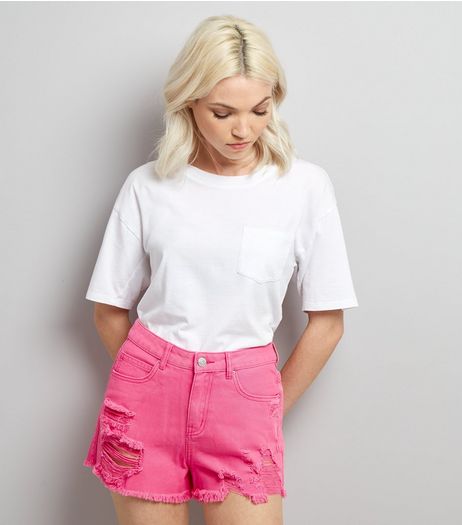 Petite Pink Ripped High Waist Denim Shorts | New Look
