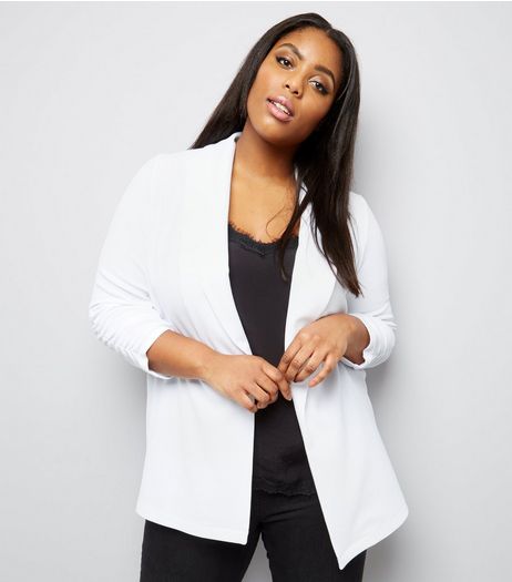 Curves White Crepe Ruched Sleeve Blazer | New Look
