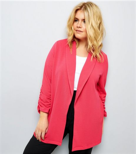 Curves Bright Pink Crepe Ruched Sleeve Blazer | New Look