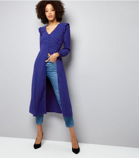 Blue Button Front Long Sleeve Midi Dress | New Look