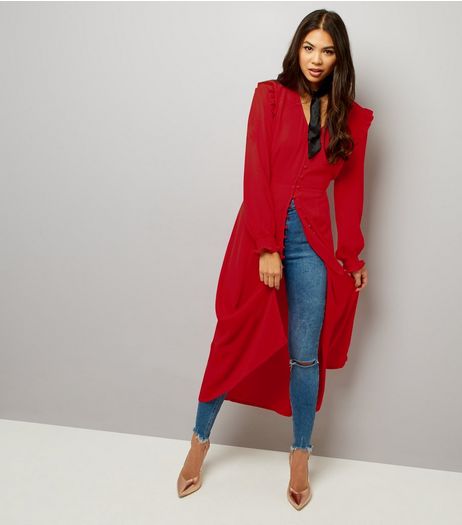 Red Button Front Long Sleeve Midi Dress | New Look