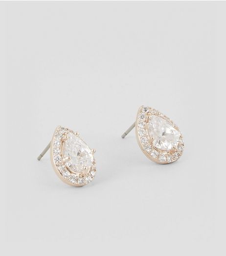 Rose Gold Cubic Zirconia Teardrop Stud Earrings | New Look