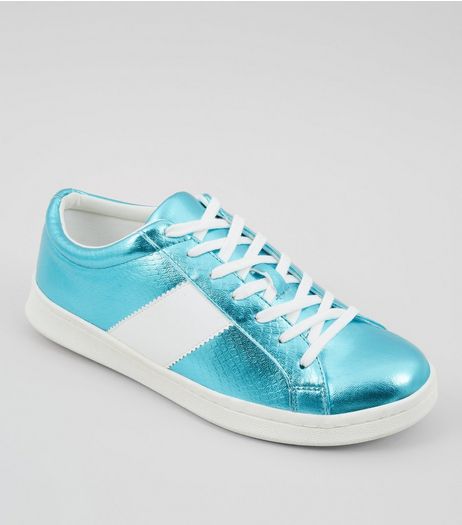 Blue Metallic Lace Up Trainers | New Look