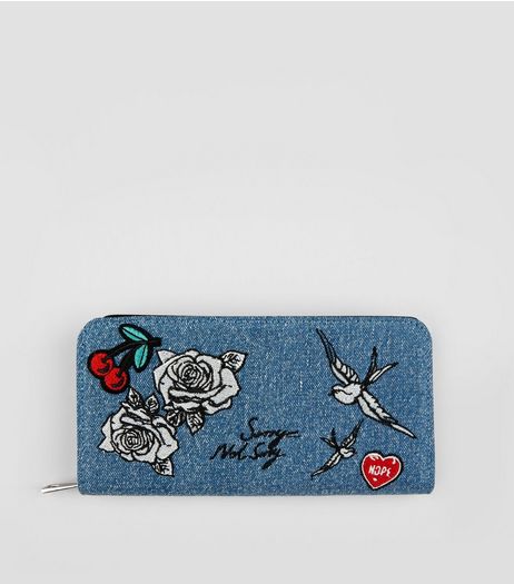 Denim Floral Badge Embroidered Purse | New Look