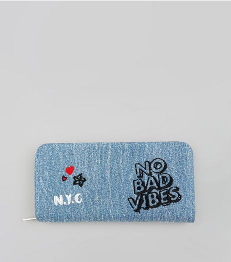 Blue Denim No Bad Vibes Embroidered Purse | New Look