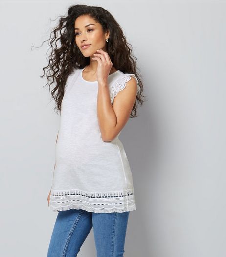 Maternity White Frill Sleeve Broderie Hem Top | New Look